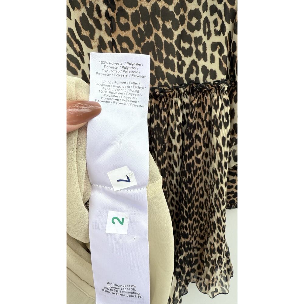 GANNI Leopard Print Babydoll Dress Size 38 Sz 6 Puff Sleeve Pleated Sheer Lined - Picture 6 of 10